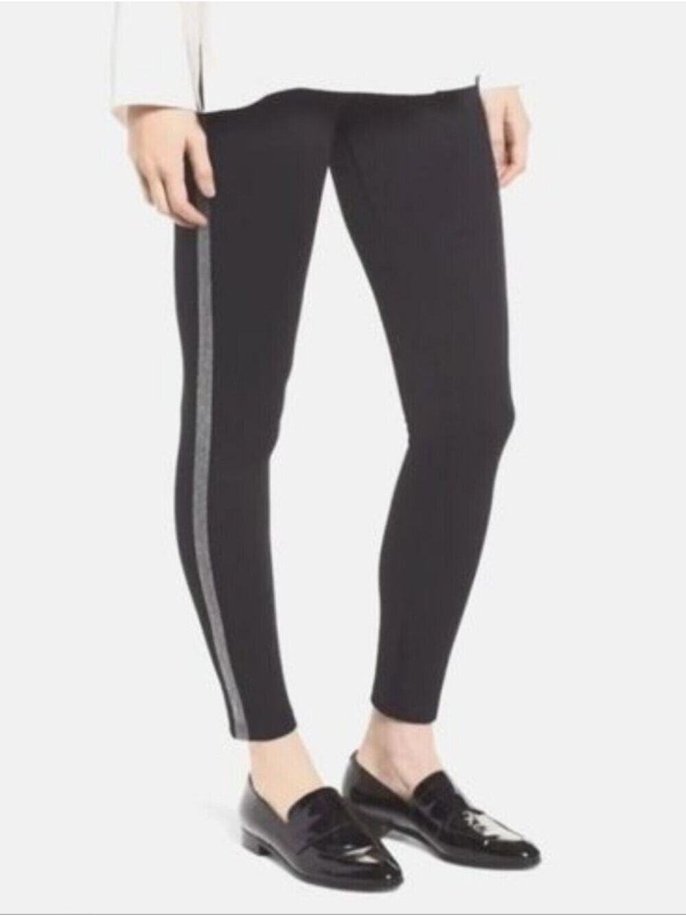TRÏBE SOLID Black Leggings With Silver Tuxedo Stripe Size Medium NWT